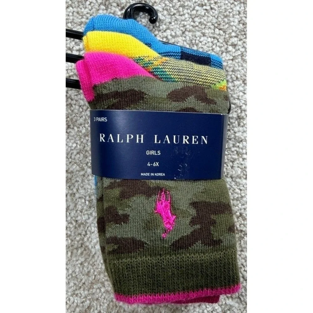 Ralph Lauren Girls 3 Pack Crew Socks Camo Plaid Check Multi Size 4-6X NEW